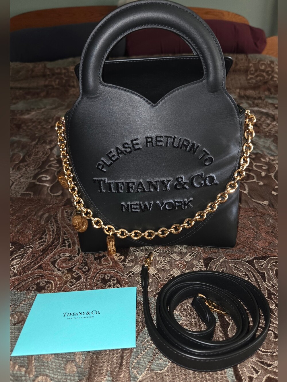 Tiffany & Co. Authentic Black Leather Heart Tote with Gold Chain Raised Letters - Picture 1 of 11